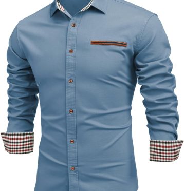 Men's stylish light blue dress shirt with checked cuffs and pocket detail, perfect for smart-casual occasions