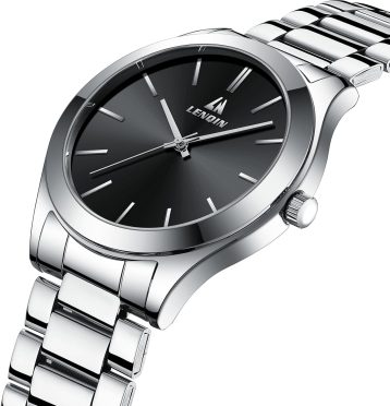 Sleek silver wristwatch with black dial and metallic strap elegant timepiece design