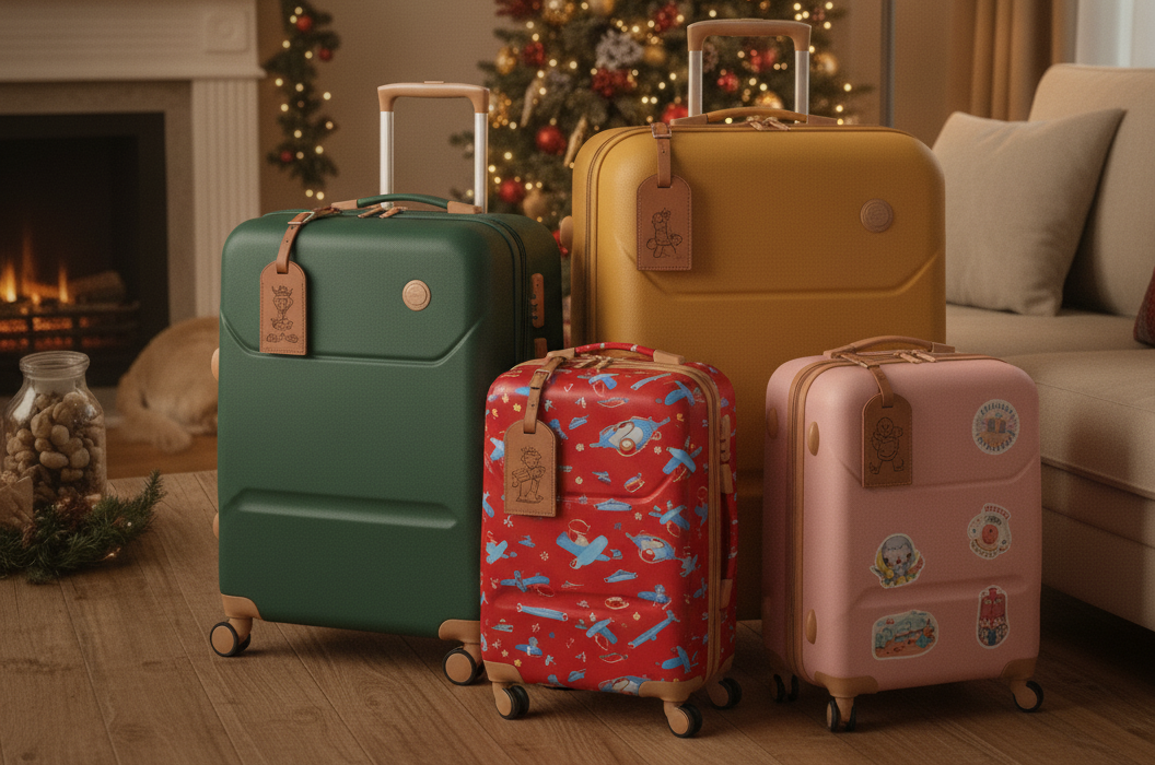 2 Adult and 2 kids suitcases in a home
